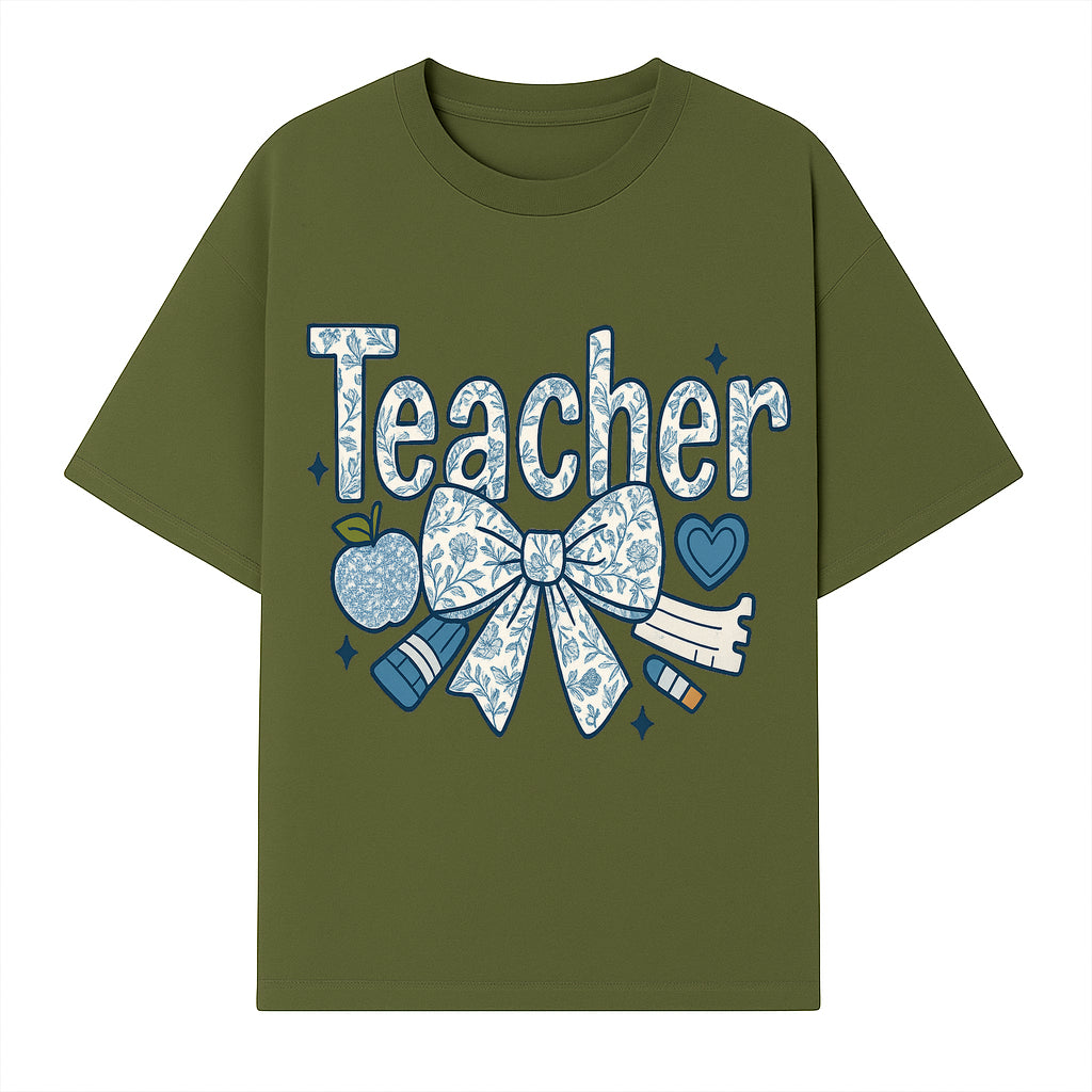 Floral Teacher Design with Apple, Bow & Stationery - Perfect Gift for Educators, Teachers' Day, Classroom Decor, Cute Art Print - T-shirt 1758093377397.jpg