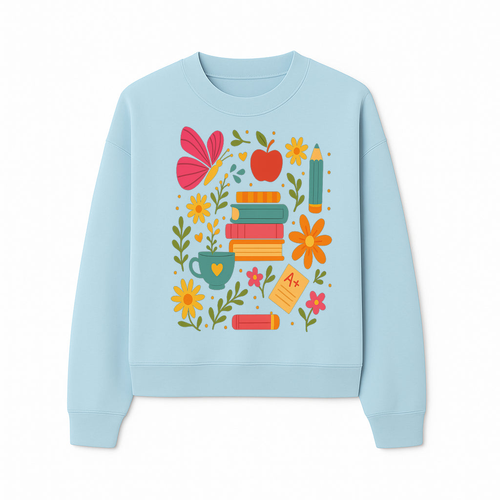 Colorful School Supplies and Flowers Art Print, Butterfly and Books, Educational Decor, Cute Classroom Wall Art, A+ Motivation - Sweatshirt 1758093377492.jpg