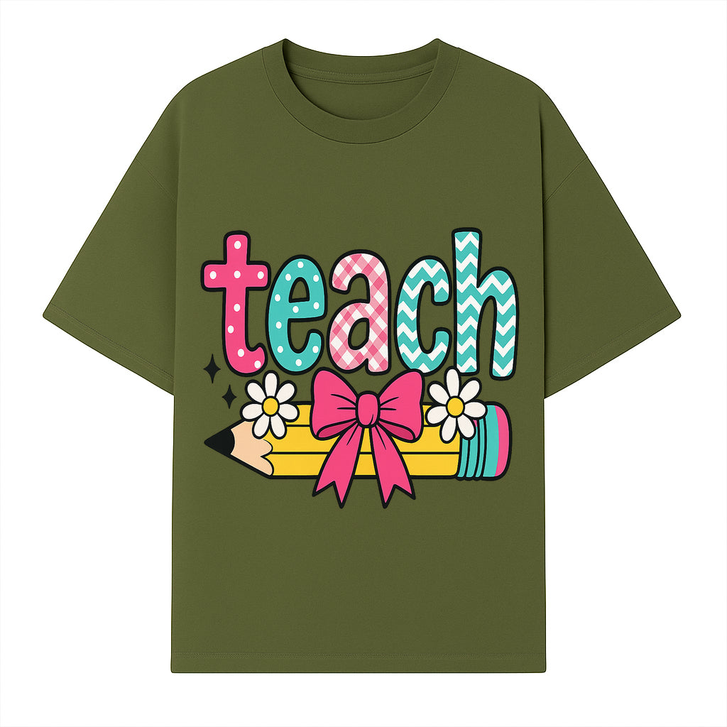Colorful Teach Design with Pencil, Flowers, and Bow - Perfect for Teacher's Gifts, Classroom Decor, or Back-to-School Apparel - T-shirt 1758093377516.jpg
