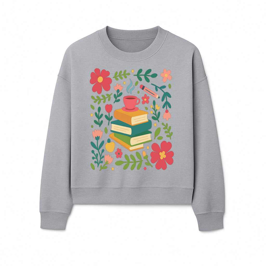 Whimsical Book Stack with Coffee and Flowers Art Print - Cozy Reading Decor for Home or Office - Sweatshirt 1758093377529.jpg
