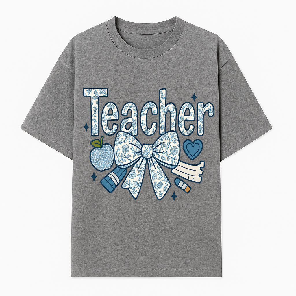 Floral Teacher Design with Apple, Bow & Stationery - Perfect Gift for Educators, Teachers' Day, Classroom Decor, Cute Art Print - T-shirt 1758093377585.jpg
