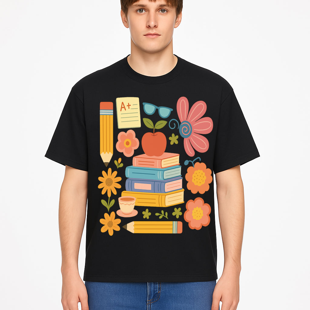 Colorful School Supplies Print - Books, Pencil, Apple, Flowers, and Glasses - Cute Classroom Decor for Kids or Teachers - T-shirt 1758093377614.jpg