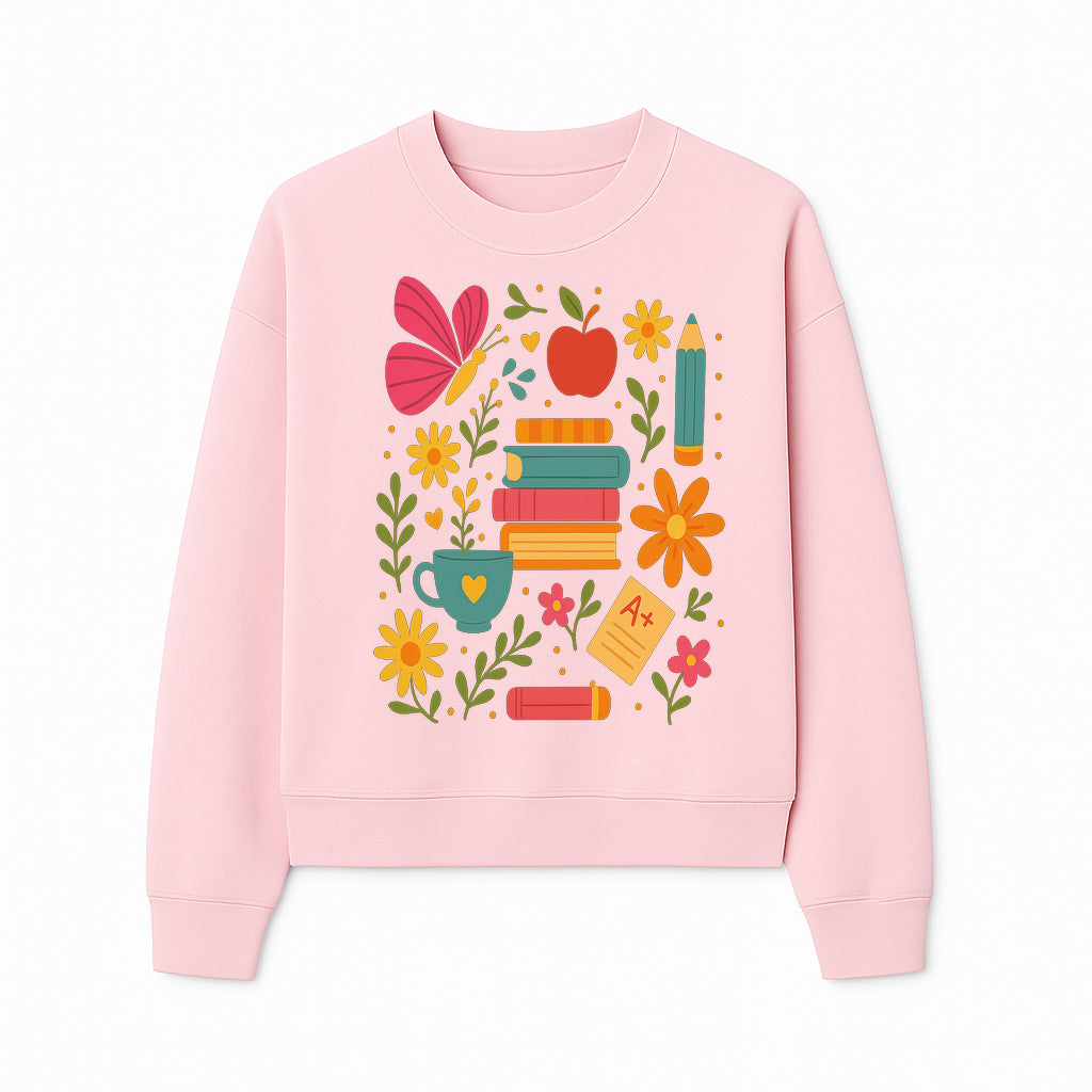 Colorful School Supplies and Flowers Art Print, Butterfly and Books, Educational Decor, Cute Classroom Wall Art, A+ Motivation - Sweatshirt 1758093377670.jpg