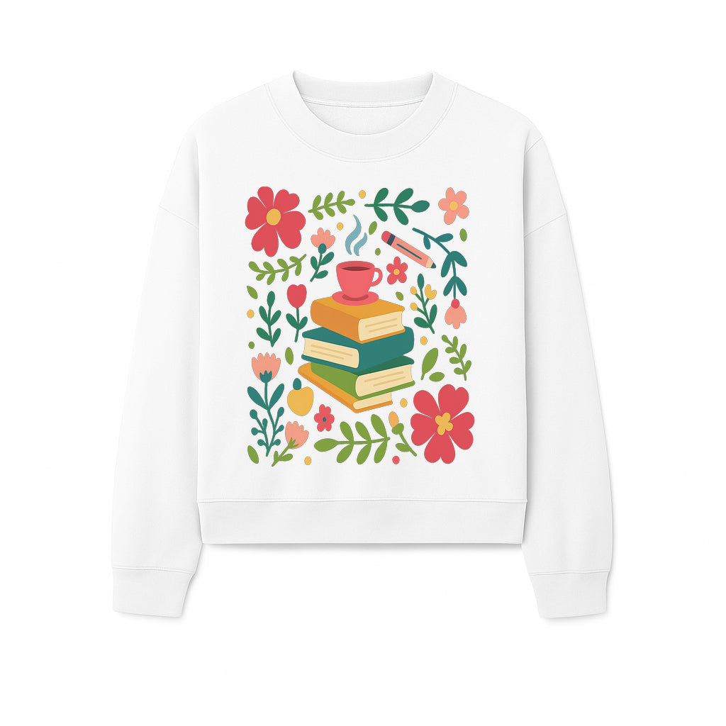 Whimsical Book Stack with Coffee and Flowers Art Print - Cozy Reading Decor for Home or Office - Sweatshirt 1758093377734.jpg