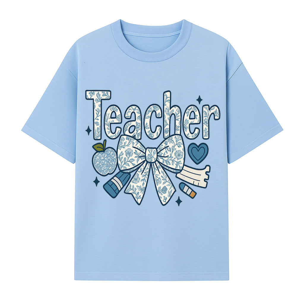 Floral Teacher Design with Apple, Bow & Stationery - Perfect Gift for Educators, Teachers' Day, Classroom Decor, Cute Art Print - T-shirt 1758093377765.jpg