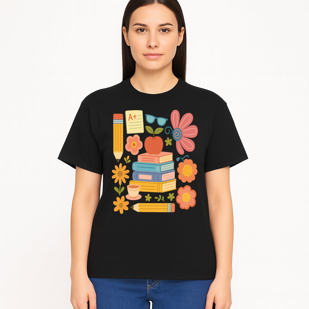 Colorful School Supplies Print - Books, Pencil, Apple, Flowers, and Glasses - Cute Classroom Decor for Kids or Teachers - T-shirt 1758093377797.jpg