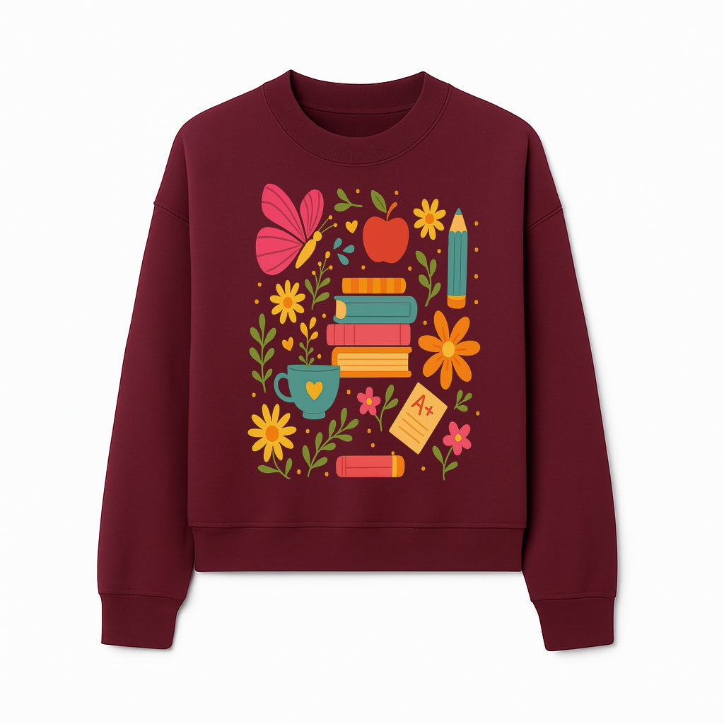 Colorful School Supplies and Flowers Art Print, Butterfly and Books, Educational Decor, Cute Classroom Wall Art, A+ Motivation - Sweatshirt 1758093377856.jpg