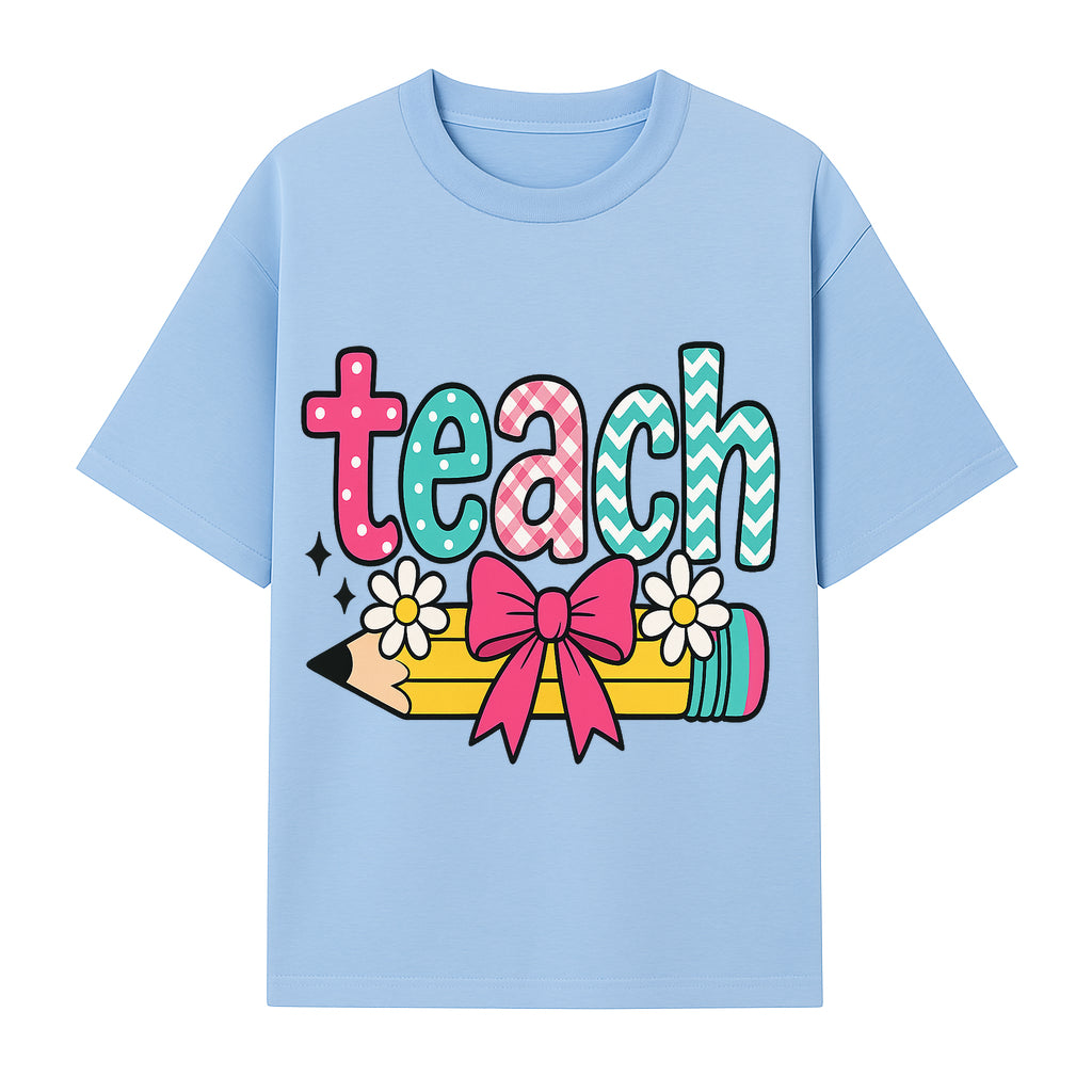 Colorful Teach Design with Pencil, Flowers, and Bow - Perfect for Teacher's Gifts, Classroom Decor, or Back-to-School Apparel - T-shirt 1758093377866.jpg