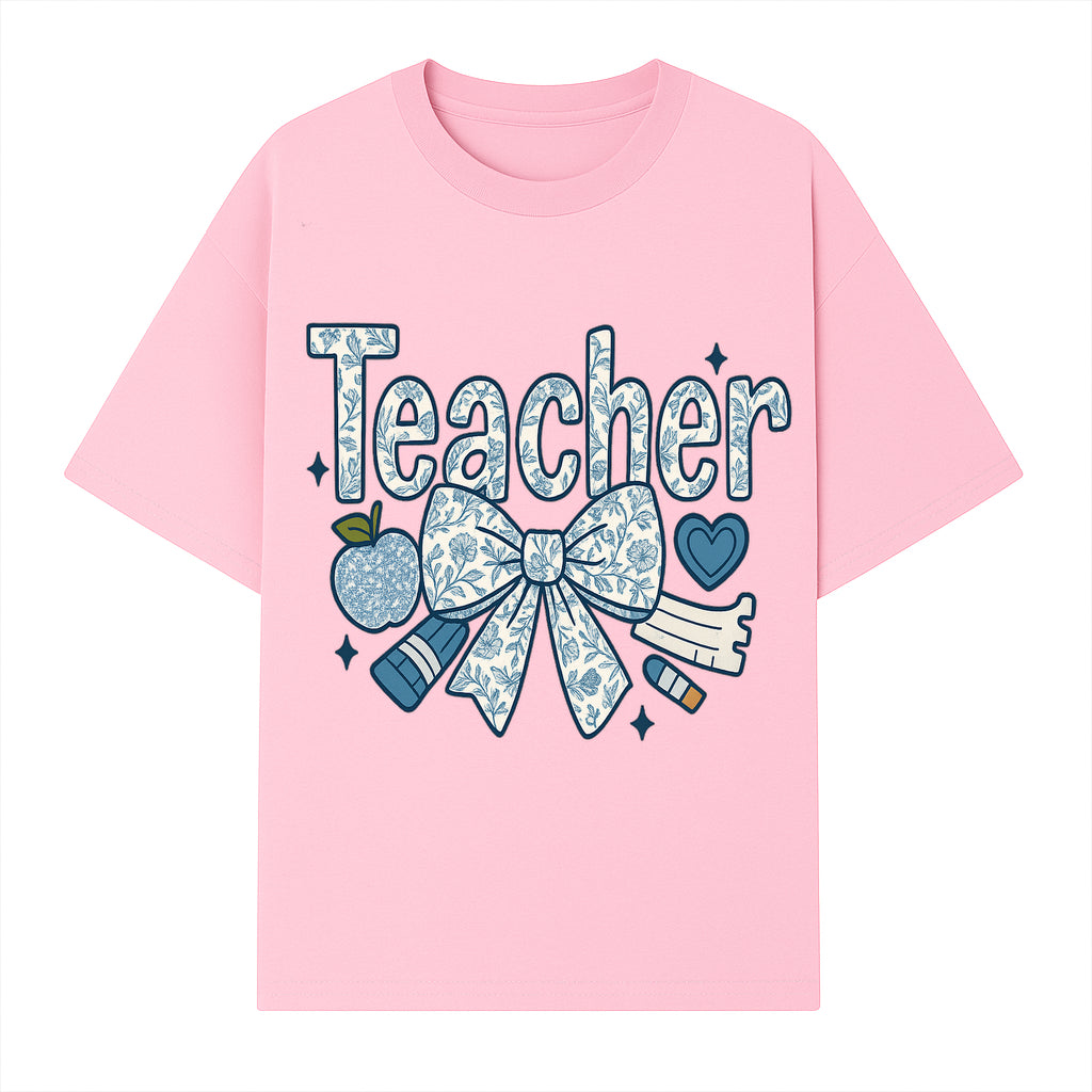 Floral Teacher Design with Apple, Bow & Stationery - Perfect Gift for Educators, Teachers' Day, Classroom Decor, Cute Art Print - T-shirt 1758093377916.jpg
