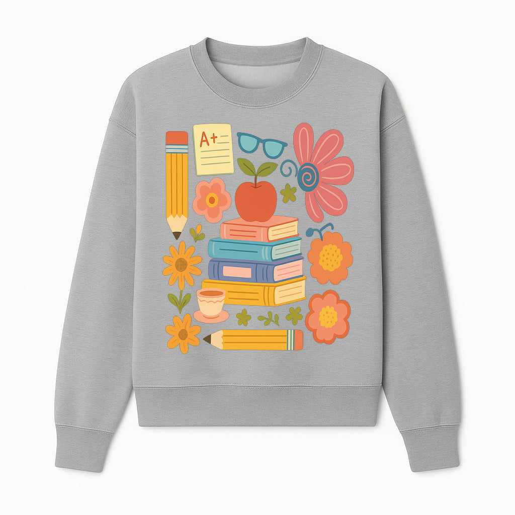 Colorful School Supplies Print - Books, Pencil, Apple, Flowers, and Glasses - Cute Classroom Decor for Kids or Teachers - Sweatshirt 1758093377978.jpg