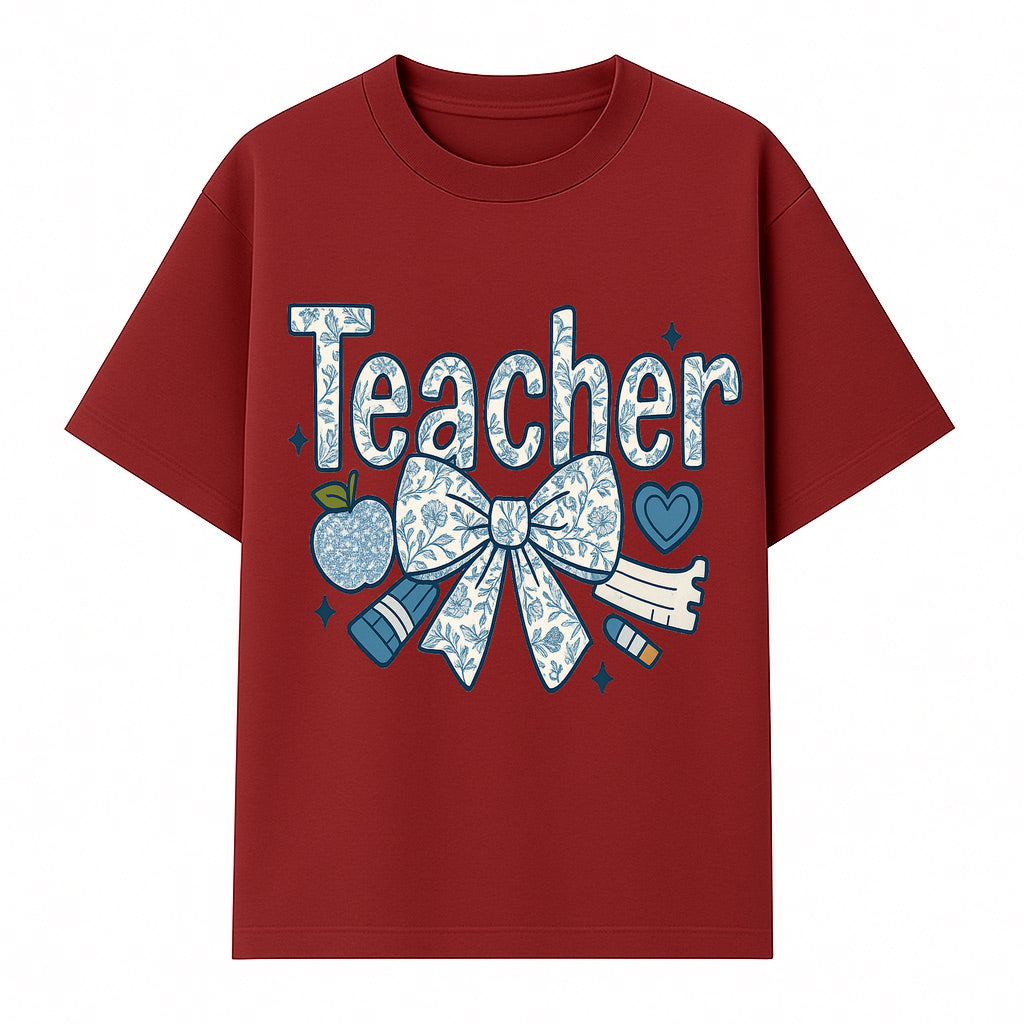 Floral Teacher Design with Apple, Bow & Stationery - Perfect Gift for Educators, Teachers' Day, Classroom Decor, Cute Art Print - T-shirt 1758093378055.jpg