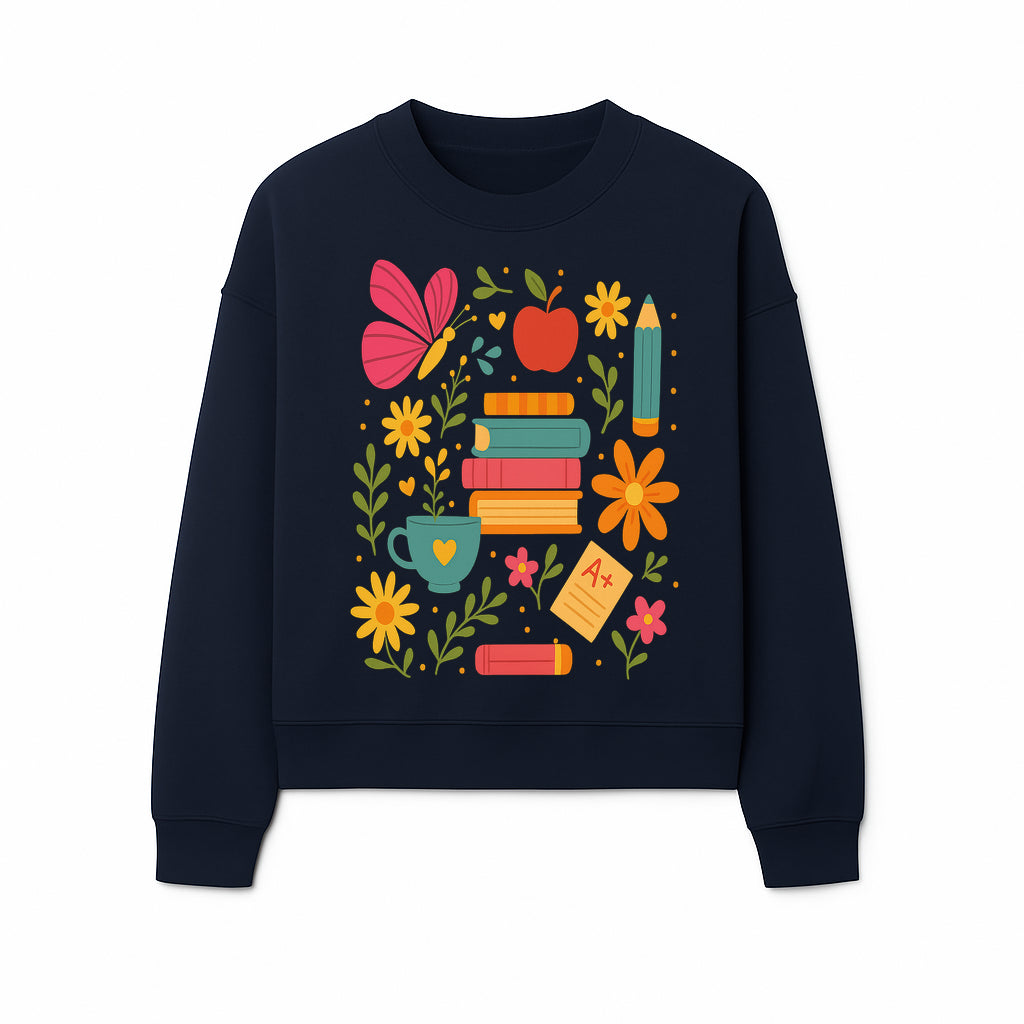 Colorful School Supplies and Flowers Art Print, Butterfly and Books, Educational Decor, Cute Classroom Wall Art, A+ Motivation - Sweatshirt 1758093378074.jpg