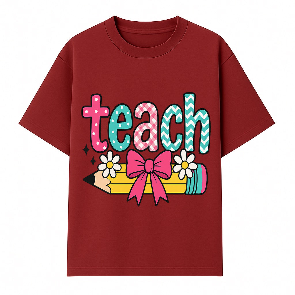 Colorful Teach Design with Pencil, Flowers, and Bow - Perfect for Teacher's Gifts, Classroom Decor, or Back-to-School Apparel - T-shirt 1758093378187.jpg