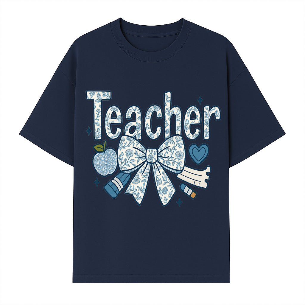 Floral Teacher Design with Apple, Bow & Stationery - Perfect Gift for Educators, Teachers' Day, Classroom Decor, Cute Art Print - T-shirt 1758093378253.jpg