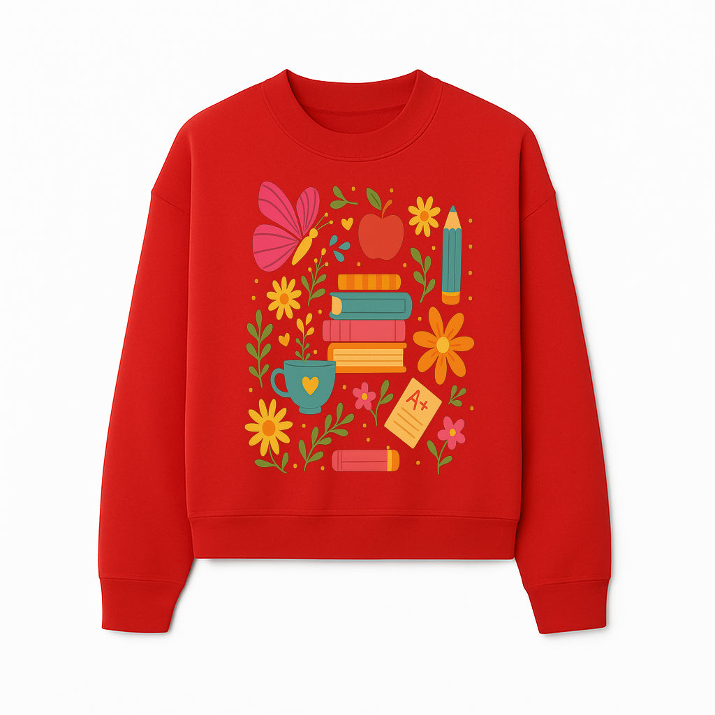 Colorful School Supplies and Flowers Art Print, Butterfly and Books, Educational Decor, Cute Classroom Wall Art, A+ Motivation - Sweatshirt 1758093378266.jpg