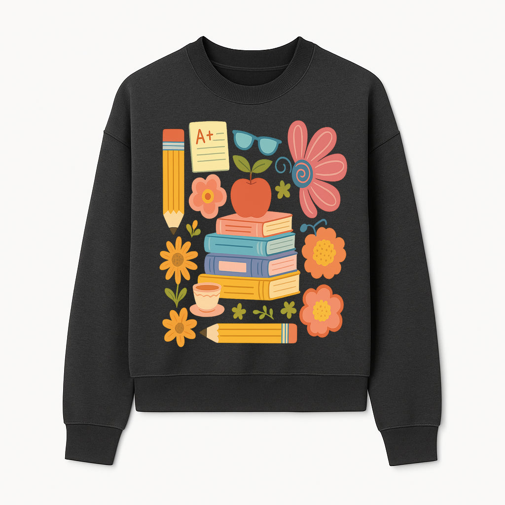 Colorful School Supplies Print - Books, Pencil, Apple, Flowers, and Glasses - Cute Classroom Decor for Kids or Teachers - Sweatshirt 1758093378328.jpg