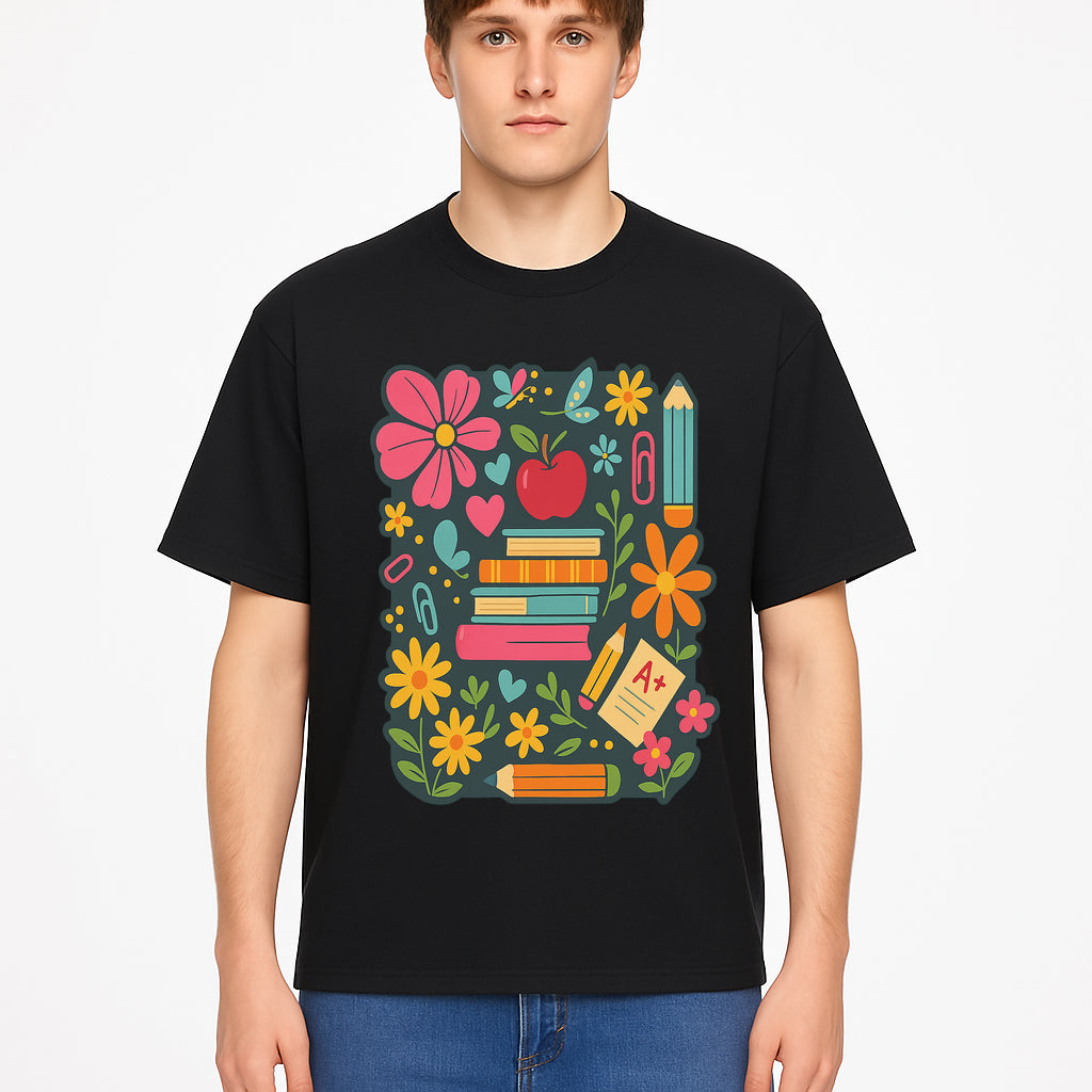 Colorful School Supplies and Flowers Illustration, Cute Educational Wall Art, Back to School Decor, Classroom Decoration, Kids Room Art - T-shirt 1758093378342.jpg