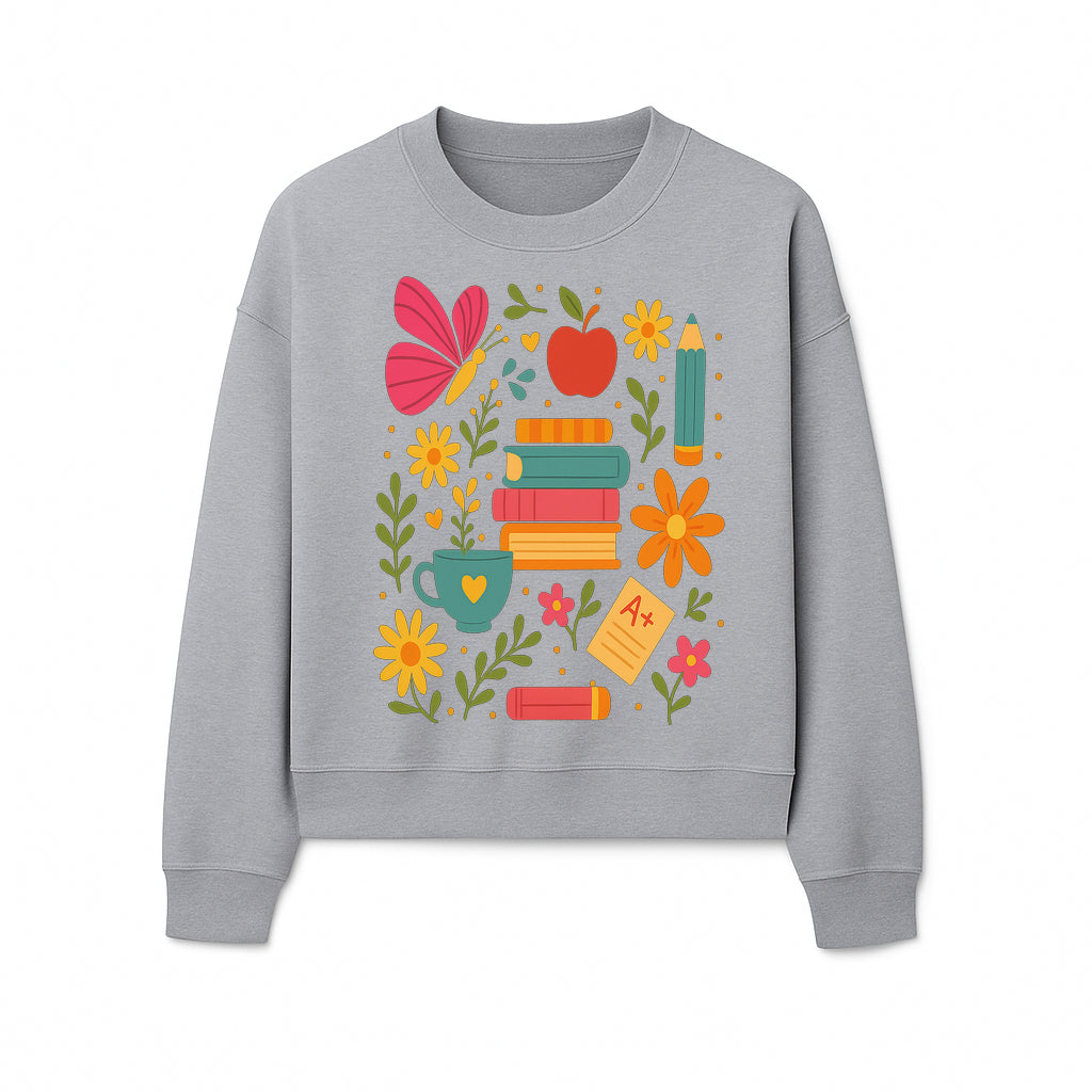 Colorful School Supplies and Flowers Art Print, Butterfly and Books, Educational Decor, Cute Classroom Wall Art, A+ Motivation - Sweatshirt 1758093378435.jpg