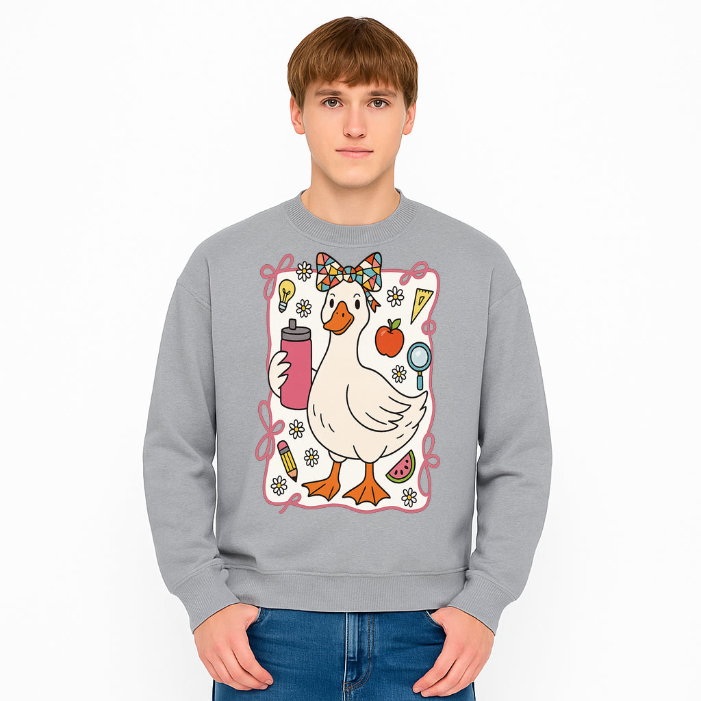 Cute Creative Duck Art Print with Supplies, Colorful Bow, and Fun Icons - Whimsical Home Decor for Kids and Animal Lovers - Sweatshirt 1758093378436.jpg