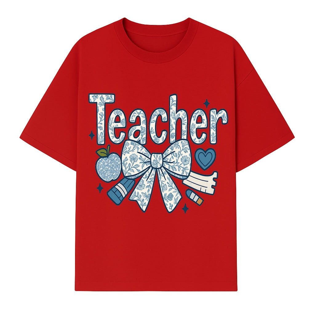 Floral Teacher Design with Apple, Bow & Stationery - Perfect Gift for Educators, Teachers' Day, Classroom Decor, Cute Art Print - T-shirt 1758093378456.jpg