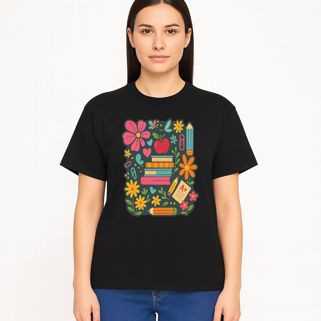 Colorful School Supplies and Flowers Illustration, Cute Educational Wall Art, Back to School Decor, Classroom Decoration, Kids Room Art - T-shirt 1758093378493.jpg