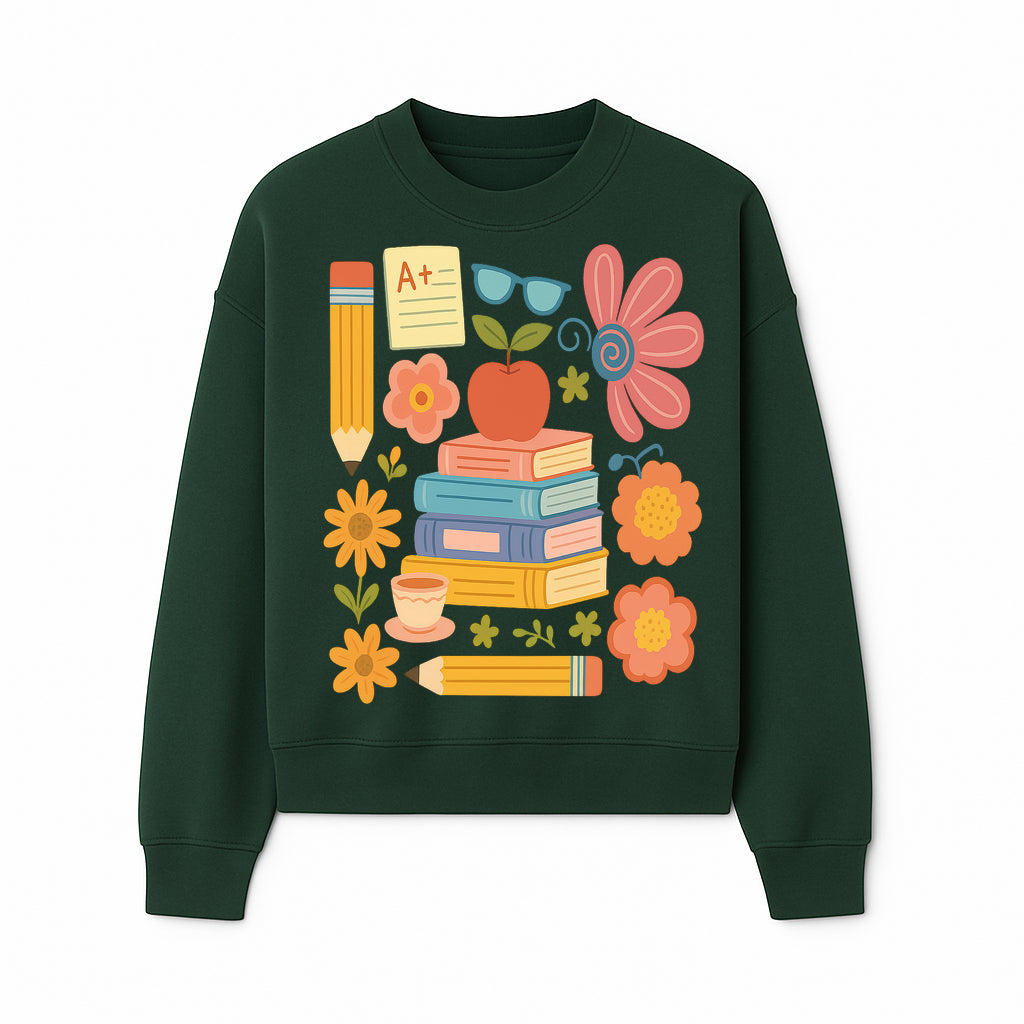 Colorful School Supplies Print - Books, Pencil, Apple, Flowers, and Glasses - Cute Classroom Decor for Kids or Teachers - Sweatshirt 1758093378508.jpg