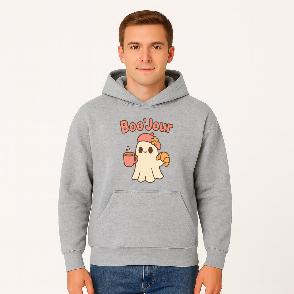 Cute Ghost Boo'Jour with Coffee and Croissant - Fun Halloween Decor, Ghost Lover Gift, Whimsical Art Print, Cozy Apparel - Hoodie 1758093378550.jpg
