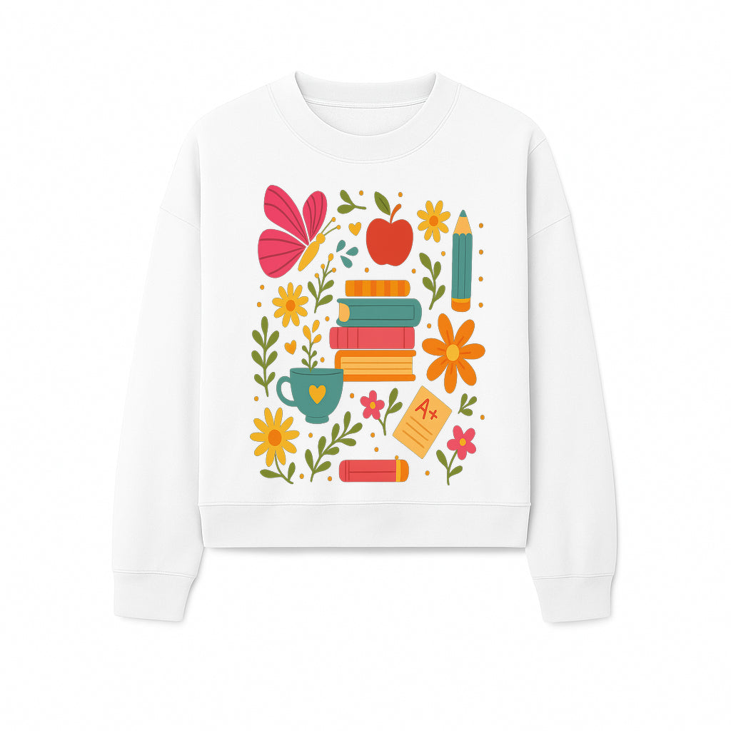 Colorful School Supplies and Flowers Art Print, Butterfly and Books, Educational Decor, Cute Classroom Wall Art, A+ Motivation - Sweatshirt 1758093378612.jpg