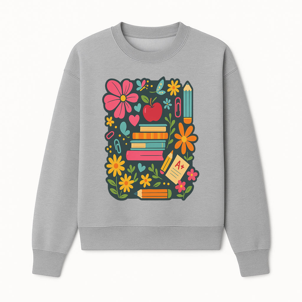 Colorful School Supplies and Flowers Illustration, Cute Educational Wall Art, Back to School Decor, Classroom Decoration, Kids Room Art - Sweatshirt 1758093378686.jpg