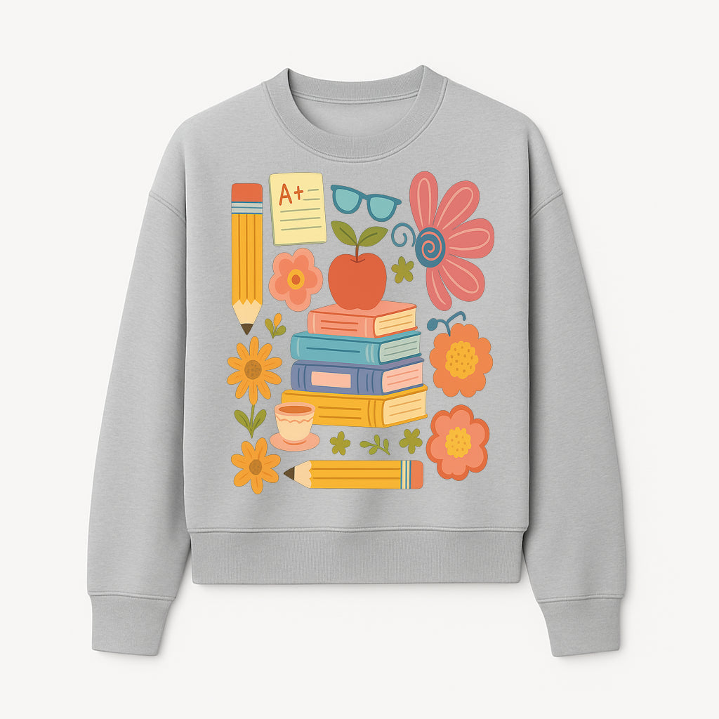 Colorful School Supplies Print - Books, Pencil, Apple, Flowers, and Glasses - Cute Classroom Decor for Kids or Teachers - Sweatshirt 1758093378696.jpg