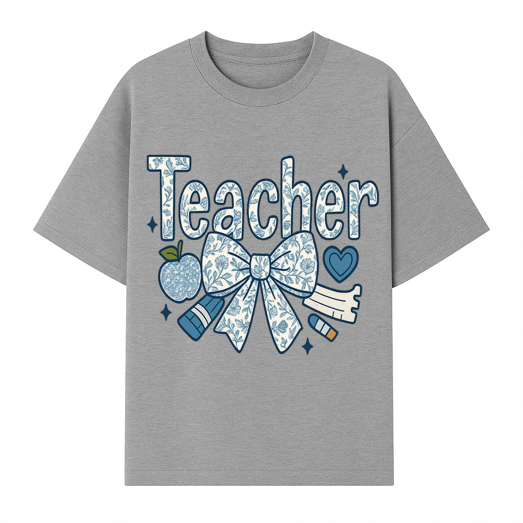 Floral Teacher Design with Apple, Bow & Stationery - Perfect Gift for Educators, Teachers' Day, Classroom Decor, Cute Art Print - T-shirt 1758093378801.jpg