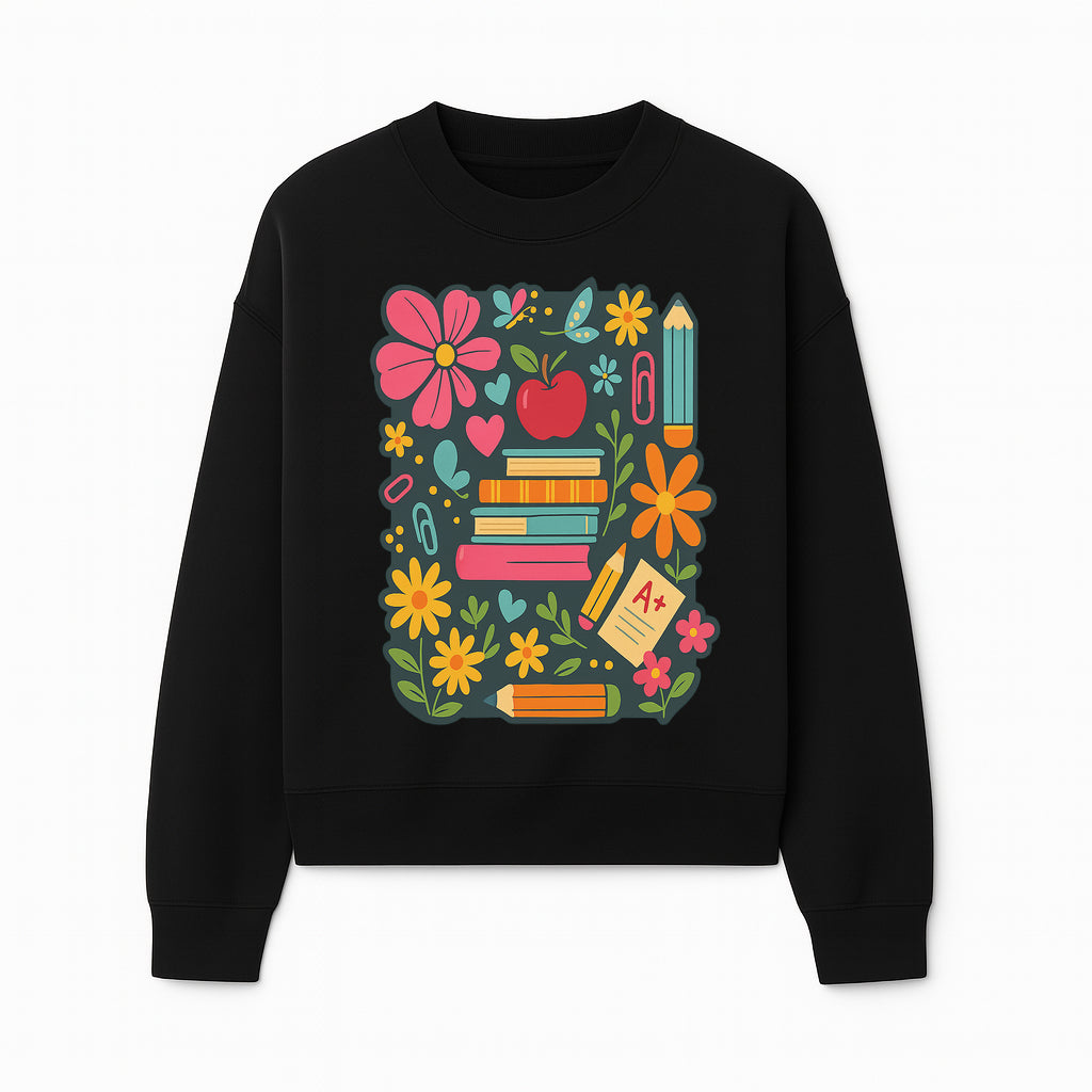 Colorful School Supplies and Flowers Illustration, Cute Educational Wall Art, Back to School Decor, Classroom Decoration, Kids Room Art - Sweatshirt 1758093378864.jpg