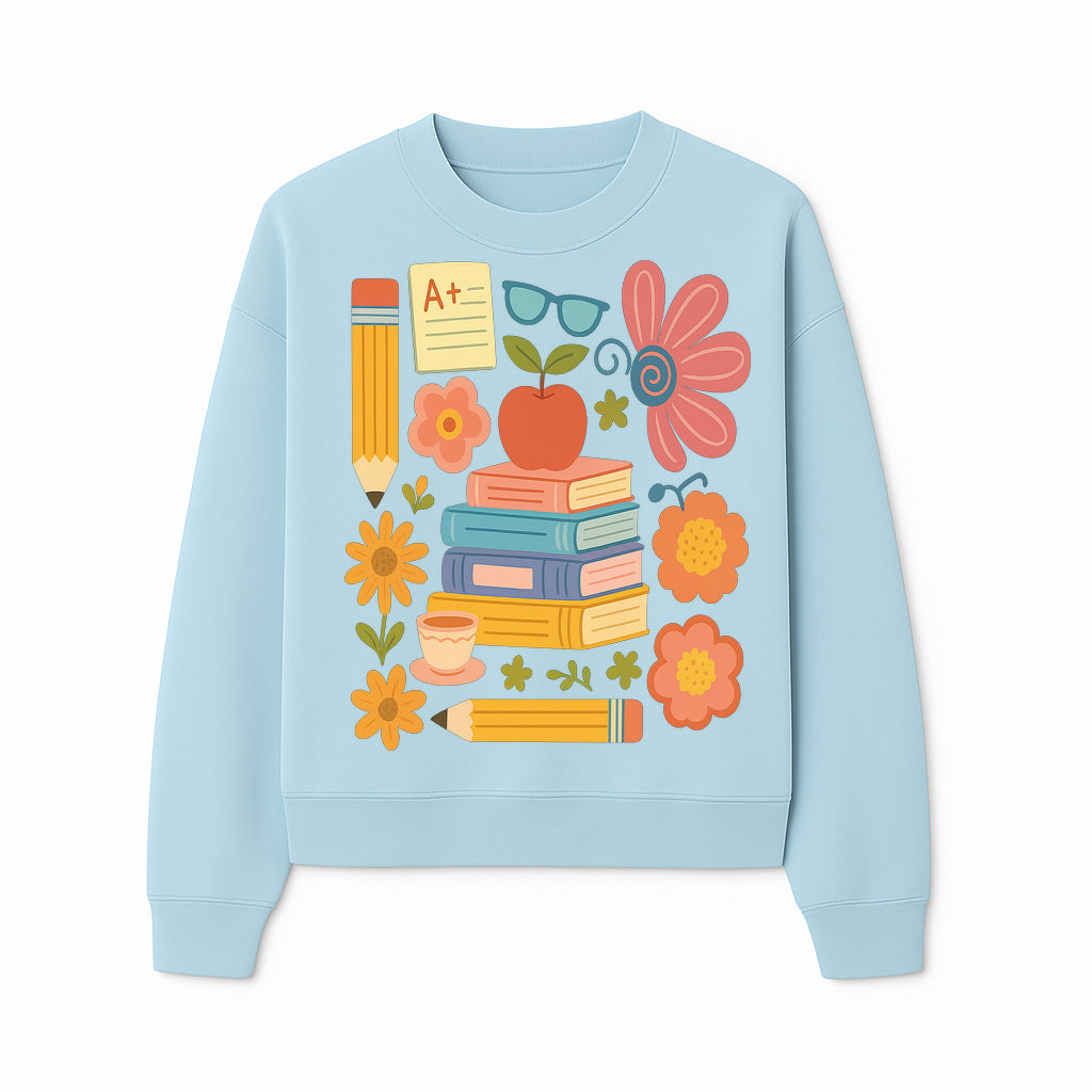 Colorful School Supplies Print - Books, Pencil, Apple, Flowers, and Glasses - Cute Classroom Decor for Kids or Teachers - Sweatshirt 1758093378869.jpg