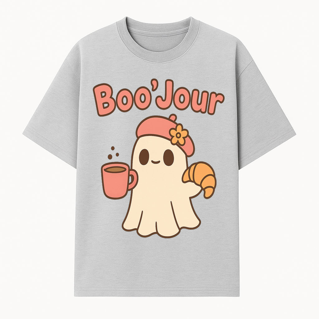 Cute Ghost Boo'Jour with Coffee and Croissant - Fun Halloween Decor, Ghost Lover Gift, Whimsical Art Print, Cozy Apparel - T-shirt 1758093378916.jpg