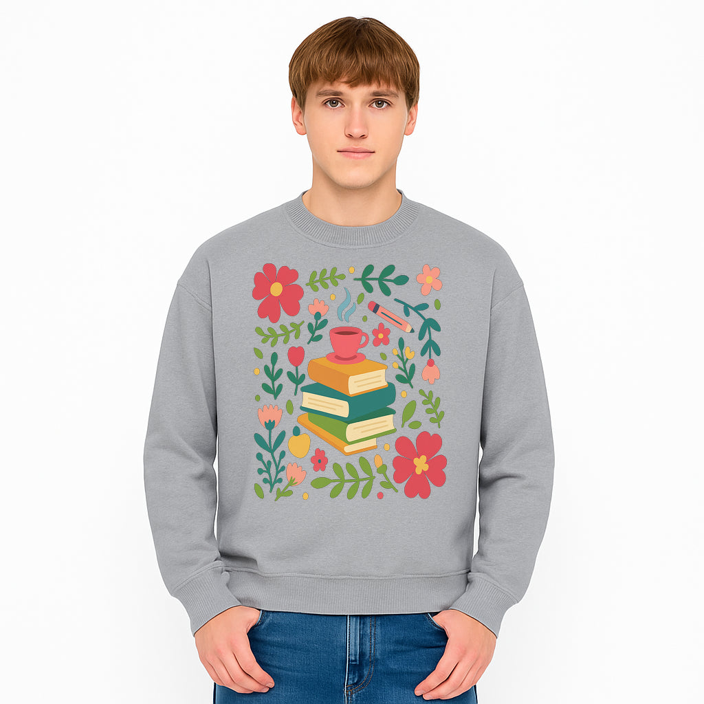Whimsical Book Stack with Coffee and Flowers Art Print - Cozy Reading Decor for Home or Office - Sweatshirt 1758093378920.jpg
