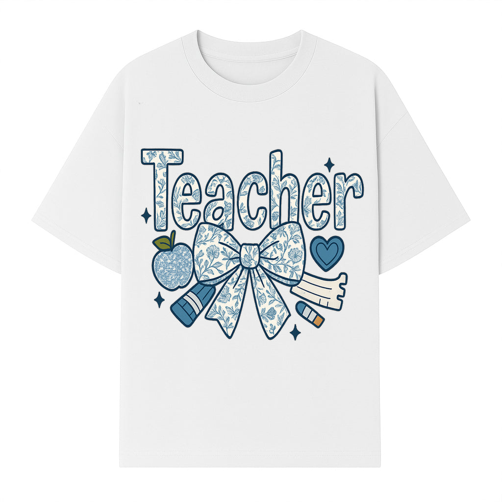Floral Teacher Design with Apple, Bow & Stationery - Perfect Gift for Educators, Teachers' Day, Classroom Decor, Cute Art Print - T-shirt 1758093378989.jpg