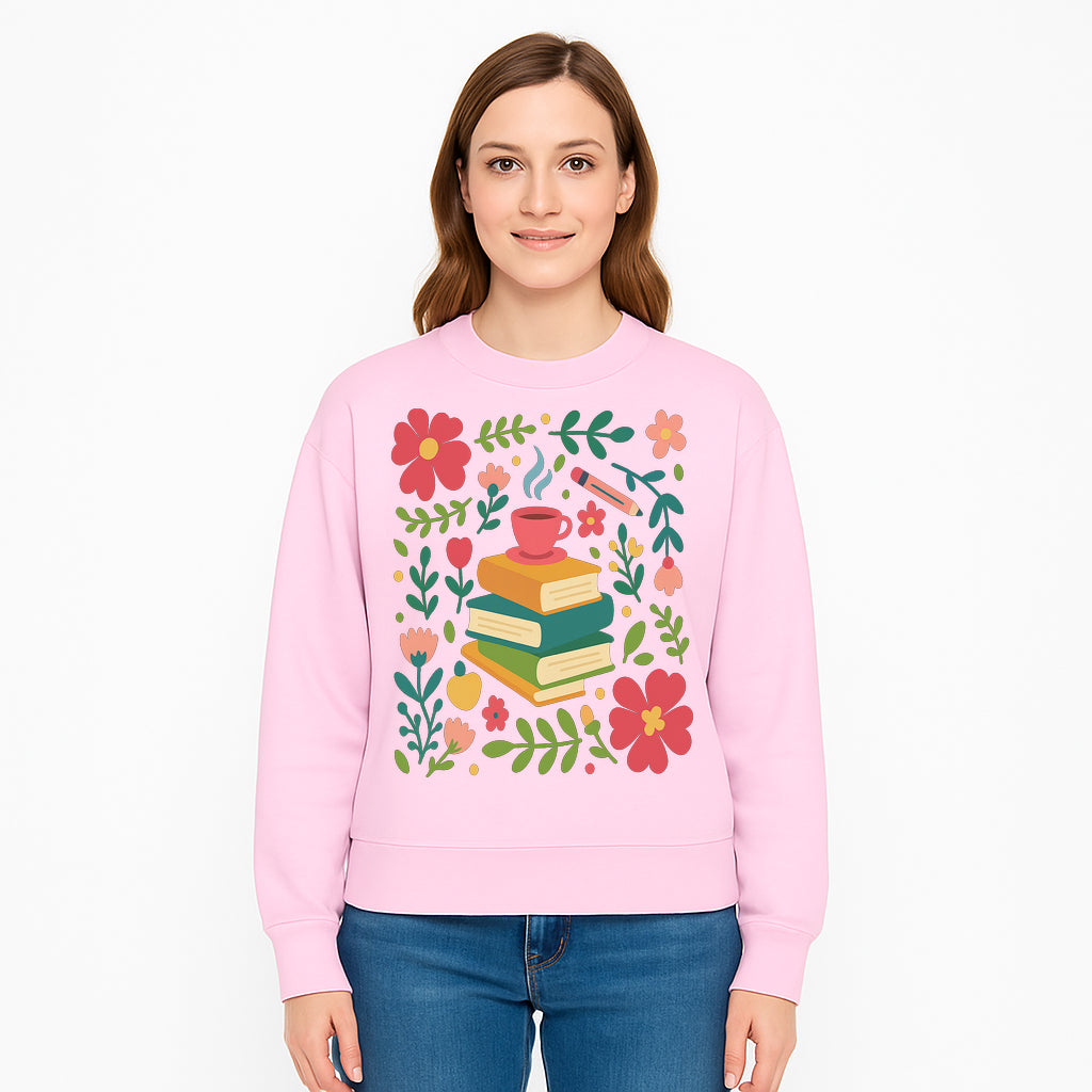 Whimsical Book Stack with Coffee and Flowers Art Print - Cozy Reading Decor for Home or Office - Sweatshirt 1758093379061.jpg