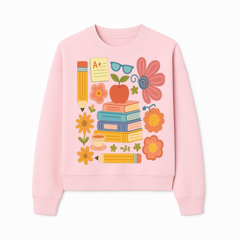 Colorful School Supplies Print - Books, Pencil, Apple, Flowers, and Glasses - Cute Classroom Decor for Kids or Teachers - Sweatshirt 1758093379070.jpg