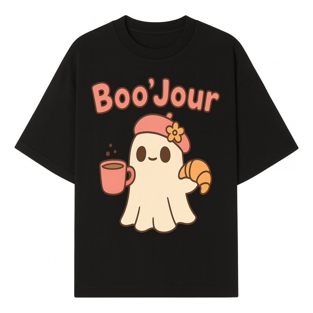 Cute Ghost Boo'Jour with Coffee and Croissant - Fun Halloween Decor, Ghost Lover Gift, Whimsical Art Print, Cozy Apparel - T-shirt 1758093379072.jpg