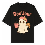 Cute Ghost Boo'Jour with Coffee and Croissant - Fun Halloween Decor, Ghost Lover Gift, Whimsical Art Print, Cozy Apparel - T-shirt 1758093379072.jpg