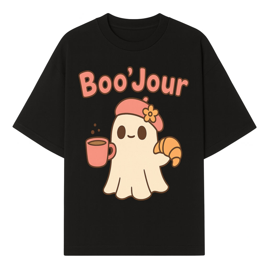 Cute Ghost Boo'Jour with Coffee and Croissant - Fun Halloween Decor, Ghost Lover Gift, Whimsical Art Print, Cozy Apparel - T-shirt 1758093379072.jpg