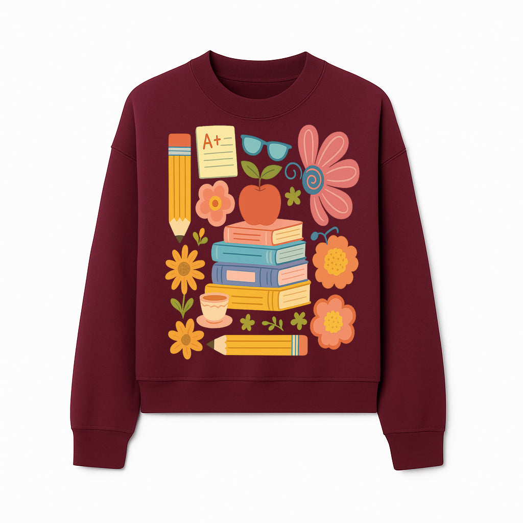 Colorful School Supplies Print - Books, Pencil, Apple, Flowers, and Glasses - Cute Classroom Decor for Kids or Teachers - Sweatshirt 1758093379220.jpg