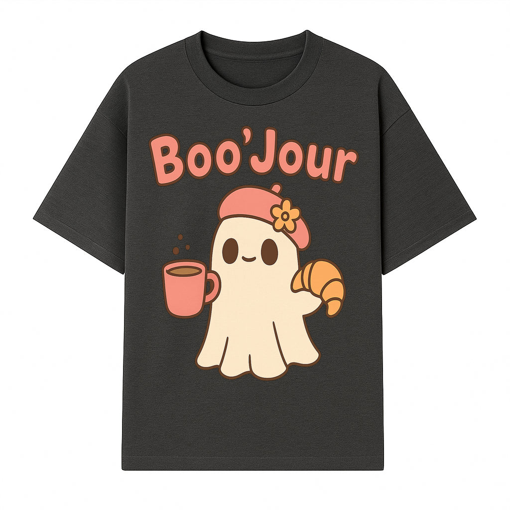 Cute Ghost Boo'Jour with Coffee and Croissant - Fun Halloween Decor, Ghost Lover Gift, Whimsical Art Print, Cozy Apparel - T-shirt 1758093379228.jpg