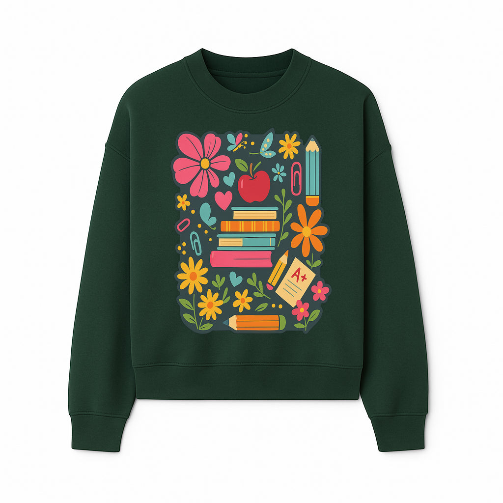 Colorful School Supplies and Flowers Illustration, Cute Educational Wall Art, Back to School Decor, Classroom Decoration, Kids Room Art - Sweatshirt 1758093379249.jpg