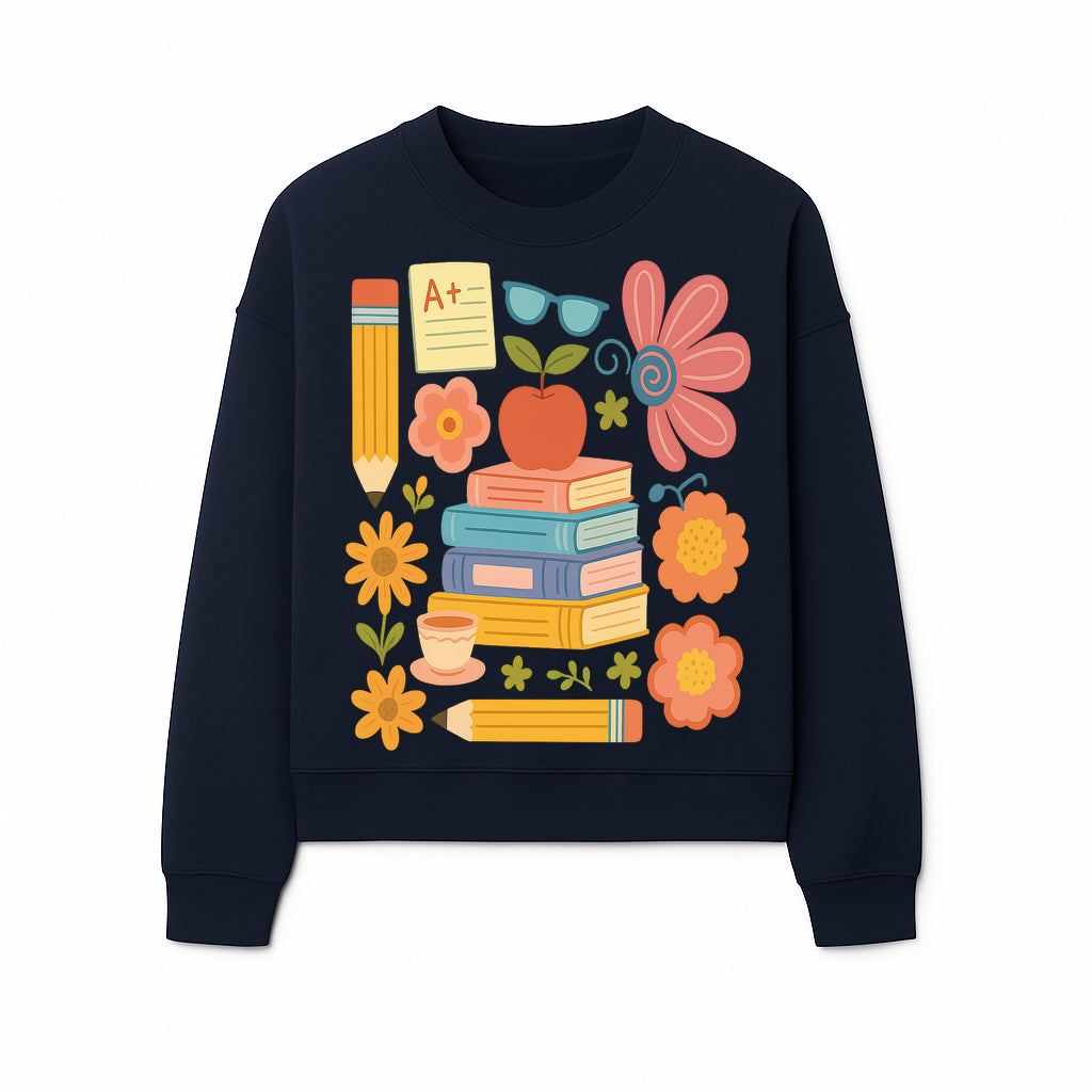 Colorful School Supplies Print - Books, Pencil, Apple, Flowers, and Glasses - Cute Classroom Decor for Kids or Teachers - Sweatshirt 1758093379379.jpg