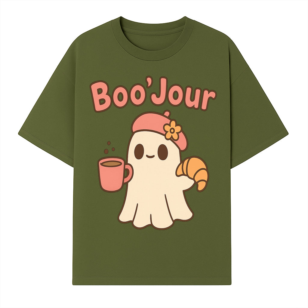 Cute Ghost Boo'Jour with Coffee and Croissant - Fun Halloween Decor, Ghost Lover Gift, Whimsical Art Print, Cozy Apparel - T-shirt 1758093379392.jpg