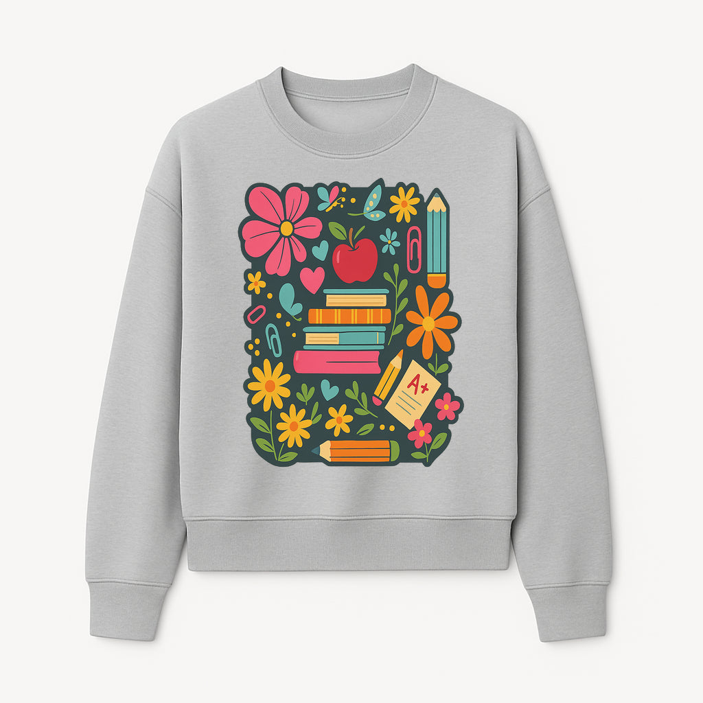 Colorful School Supplies and Flowers Illustration, Cute Educational Wall Art, Back to School Decor, Classroom Decoration, Kids Room Art - Sweatshirt 1758093379396.jpg
