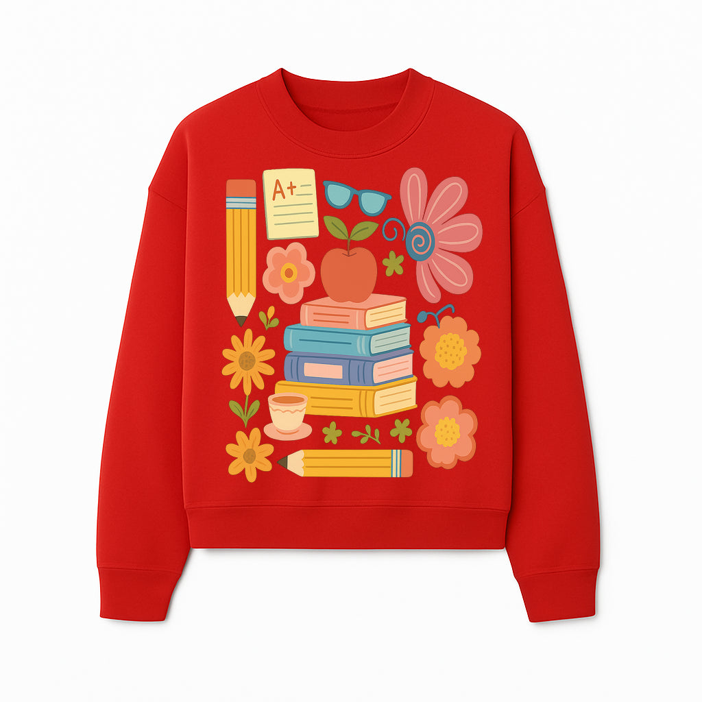 Colorful School Supplies Print - Books, Pencil, Apple, Flowers, and Glasses - Cute Classroom Decor for Kids or Teachers - Sweatshirt 1758093379552.jpg