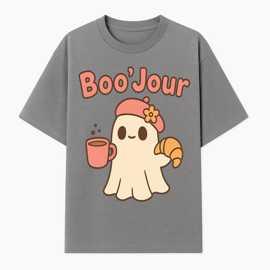 Cute Ghost Boo'Jour with Coffee and Croissant - Fun Halloween Decor, Ghost Lover Gift, Whimsical Art Print, Cozy Apparel - T-shirt 1758093379576.jpg