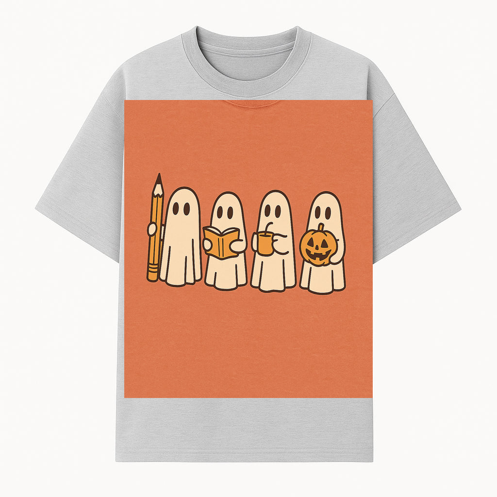 Cute Ghosts Reading, Writing, Drinking, and Celebrating Halloween Graphic Tee, Cozy Fall Top, Halloween Costume Shirt for Kids and Adults - T-shirt 1758093379628.jpg